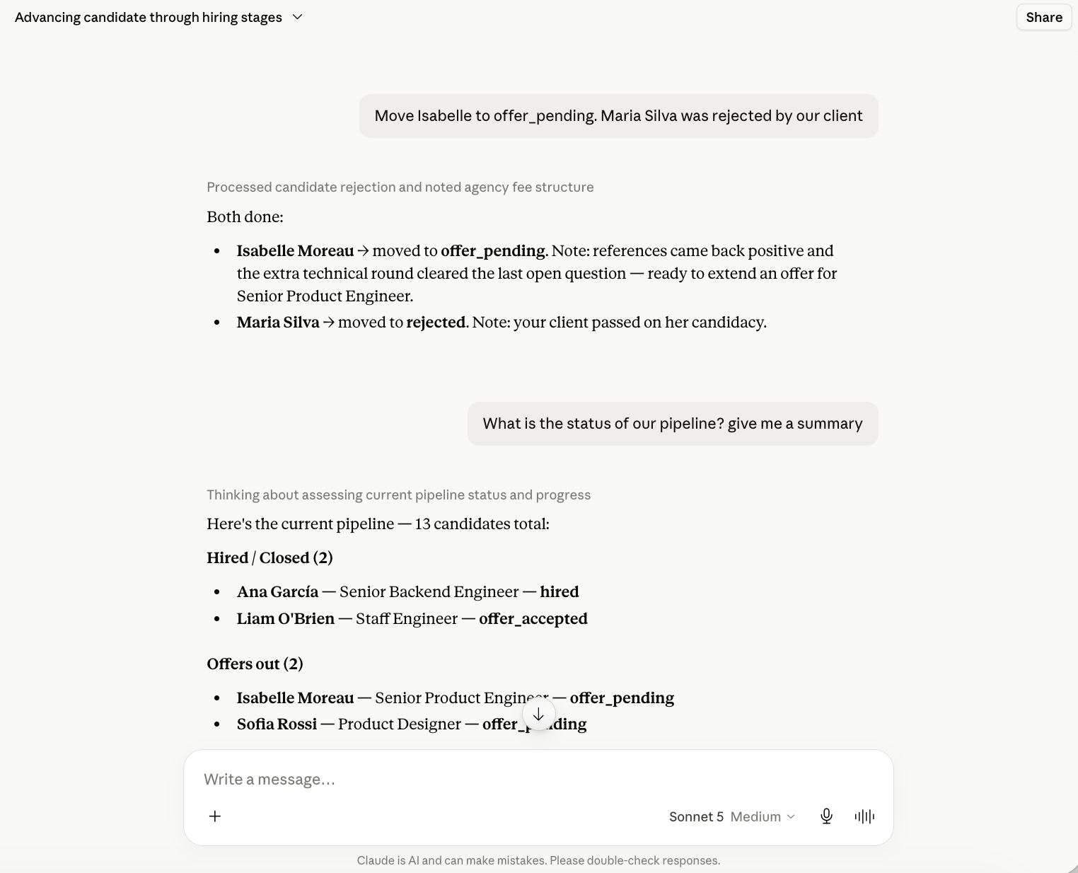 Claude moving real candidates through the Hiring collection — offer_pending, rejected — with notes