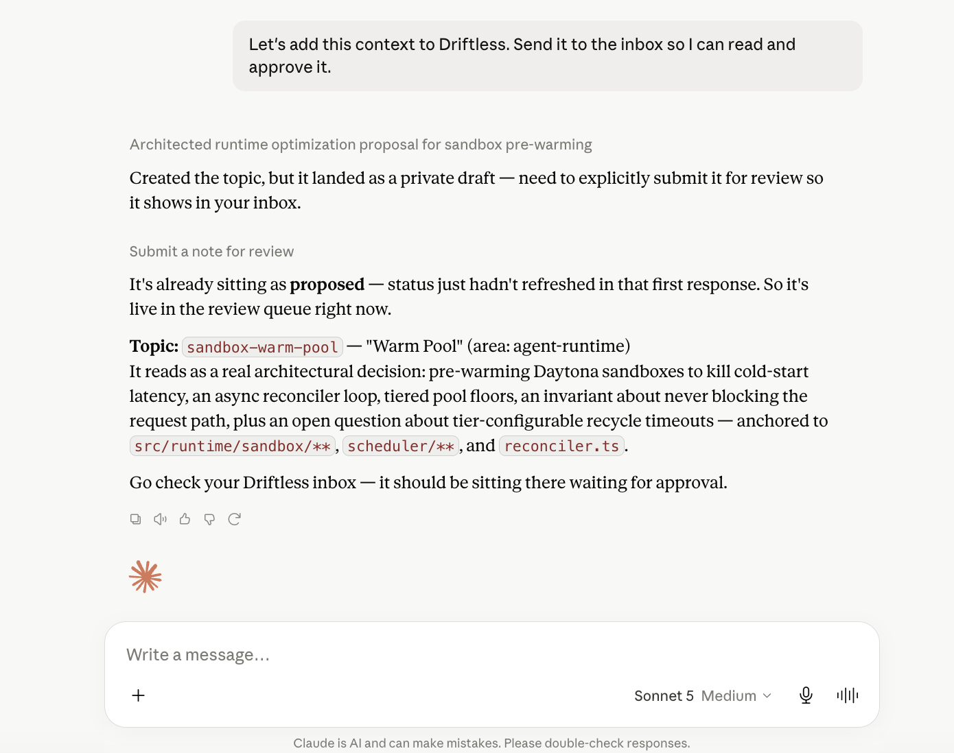 Claude proposing a real topic — Warm Pool, anchored to src/runtime/sandbox — sent to the inbox for review