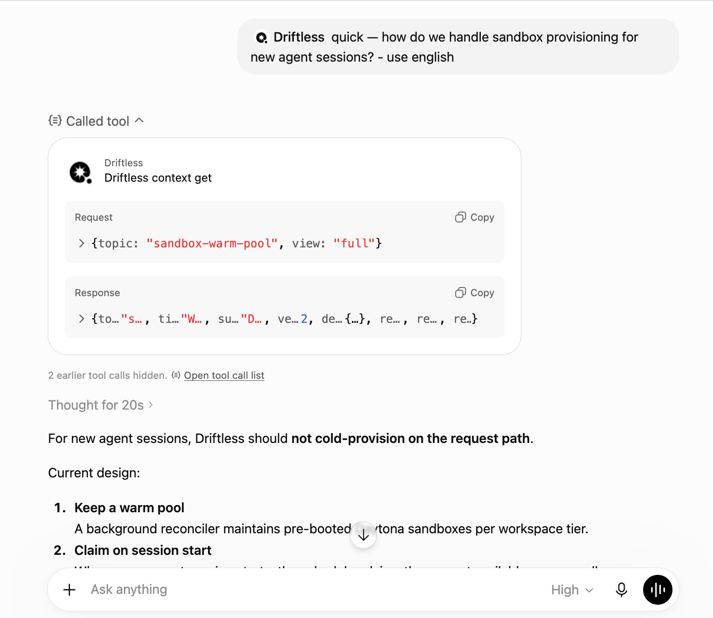ChatGPT calling the Driftless MCP tool and retrieving the same Warm Pool context to answer a real question