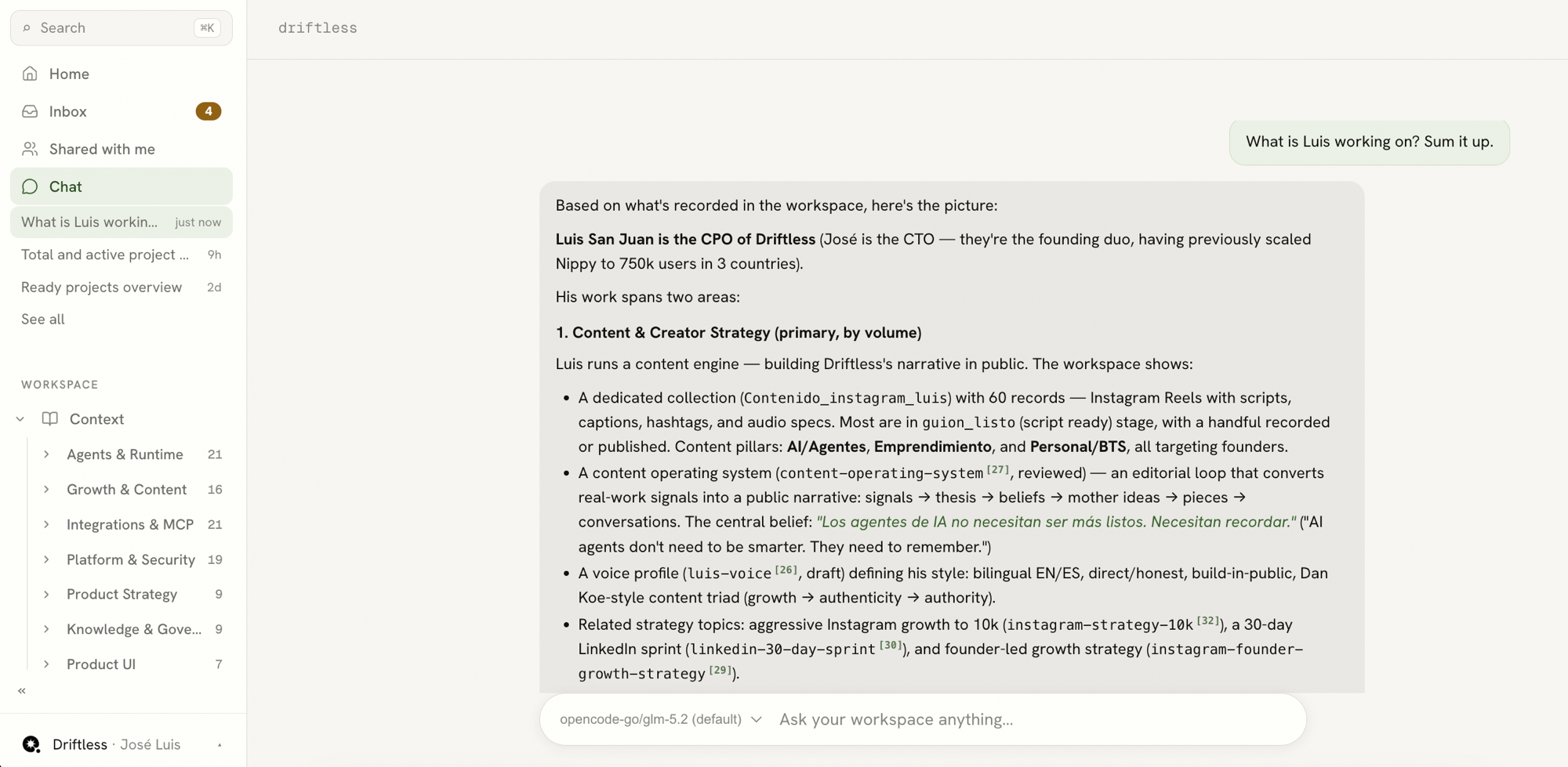 Driftless's native chat answering a real question, citing Collections and Knowledge topics with sources